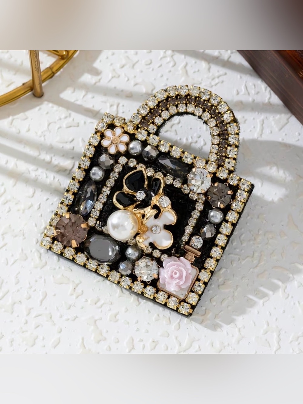 Purse Shaped Brooch Embellished Rhinestone Black Mini Bag Pin NIP - Picture 1 of 4